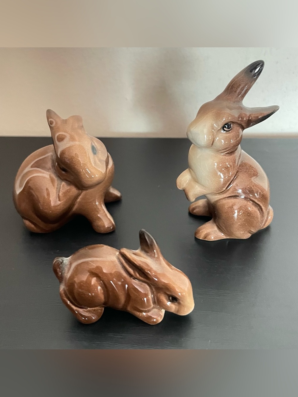 3 Small Brown Beswick Vintage Glossy Porcelain Rabbits Made in England